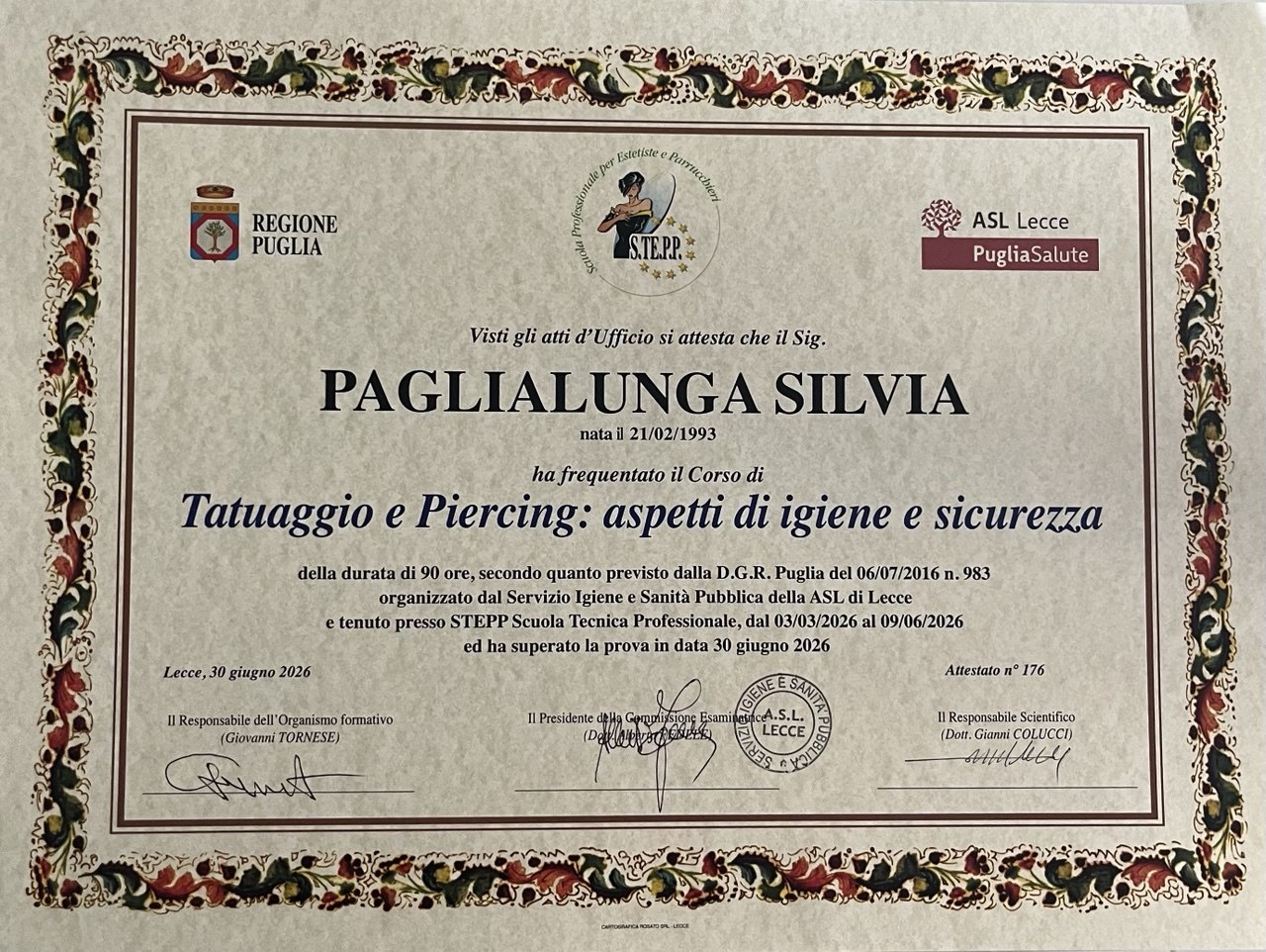 Attestato corso igiene e sicurezza per tatuaggio e piercing